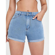 Light blue high-rise denim shorts with rolled hems for a casual look