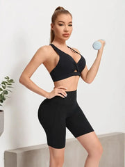 Solid color women's sports bra with supportive V-neck cut