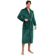 Kimono-style wrap robe in soft black fleece, no buttons or zippers