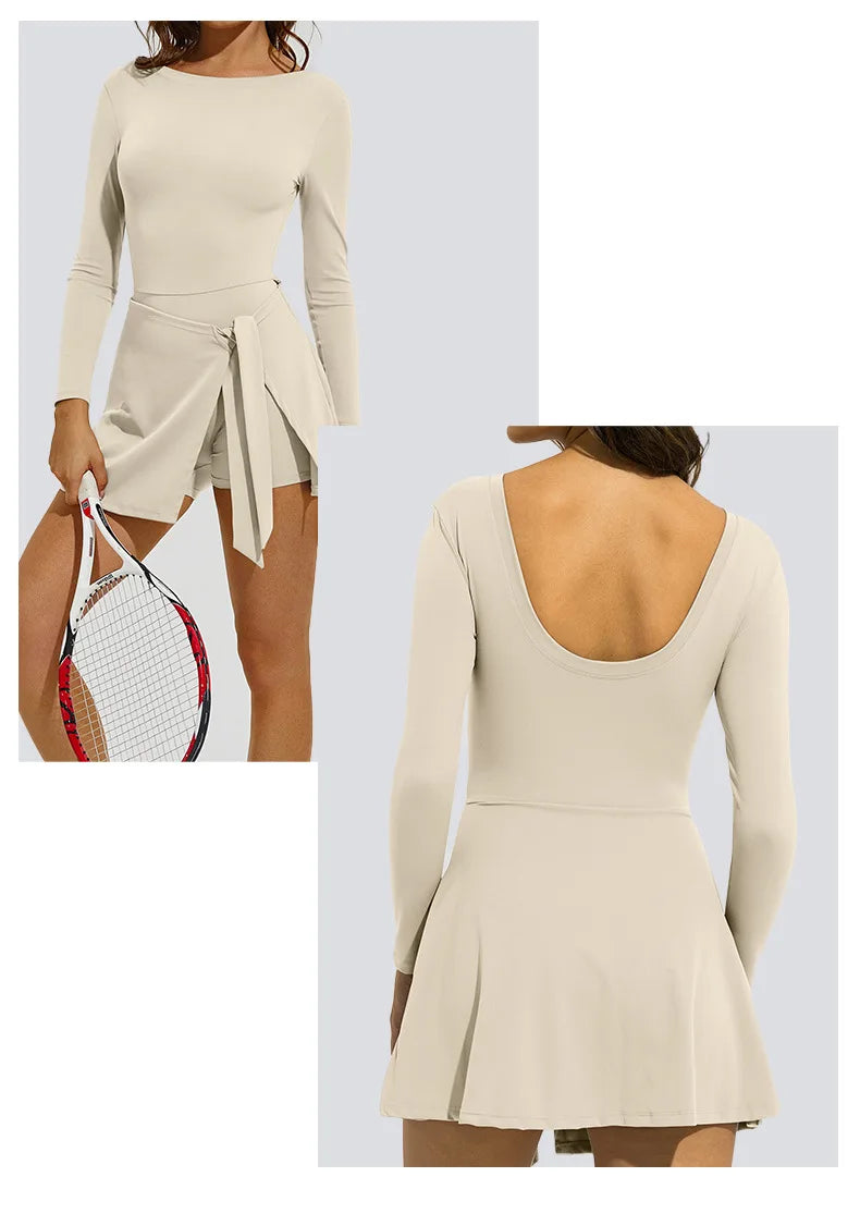 Women's Long Sleeve Slim-Fit One-Piece Tennis Golf Skirt Breathable Anti-Exposure Yoga Fitness Sports Skorts