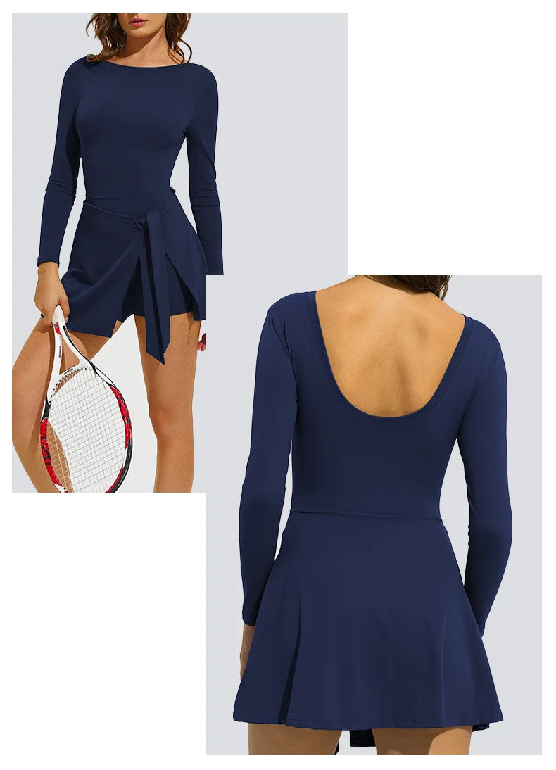 Women's Long Sleeve Slim-Fit One-Piece Tennis Golf Skirt Breathable Anti-Exposure Yoga Fitness Sports Skorts