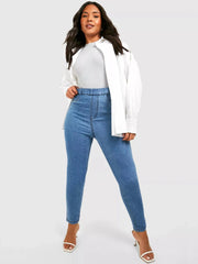 Plus-size friendly women's skinny jeans in solid blue denim