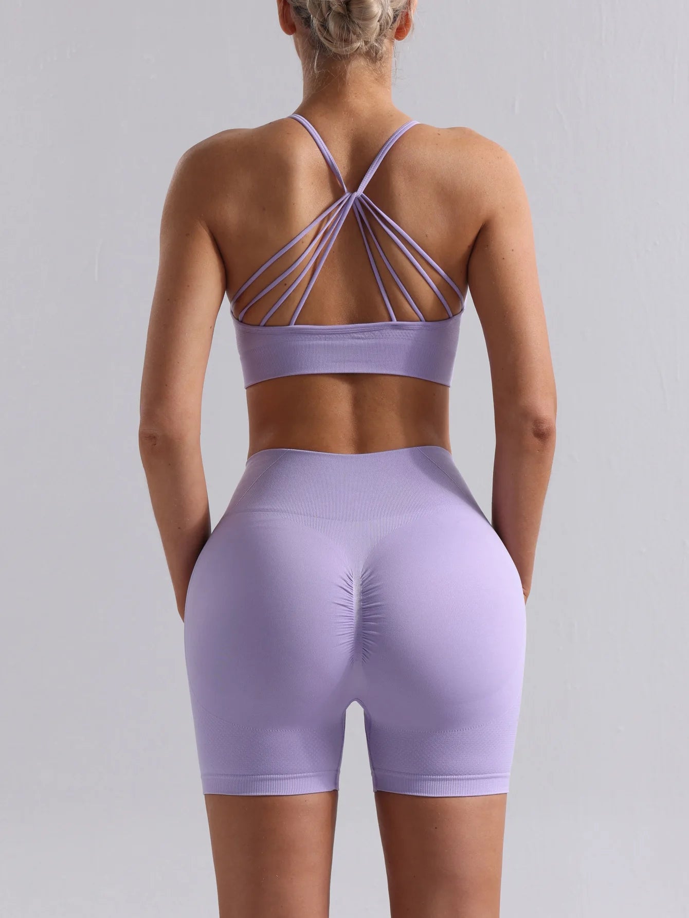 Women Seamless Breathable Yoga Wear Two-Piece Set Solid Shoulder Strap Sports Bra High-Waisted Shorts Set