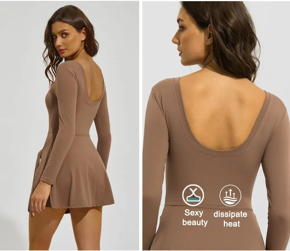 Women's Long Sleeve Slim-Fit One-Piece Tennis Golf Skirt Breathable Anti-Exposure Yoga Fitness Sports Skorts