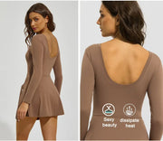 Long sleeve activewear skort with integrated anti-exposure under-shorts