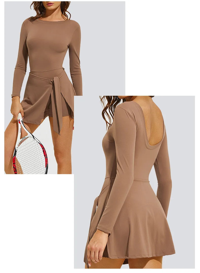 Women's Long Sleeve Slim-Fit One-Piece Tennis Golf Skirt Breathable Anti-Exposure Yoga Fitness Sports Skorts