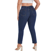 Full-length plus size jeans with bleach wash dark blue finish