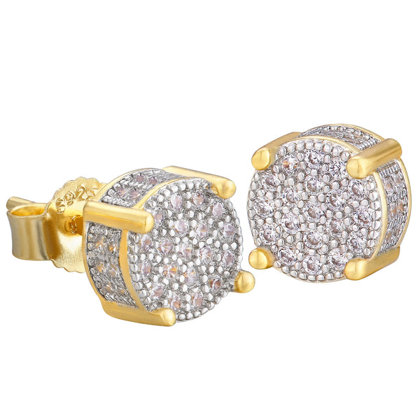 Gold Earrings — Iced Out 925 Sterling Silver CZ Studs (Hypoallergenic, Unisex)