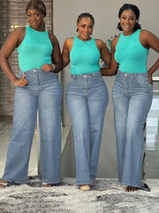 High Waist Wide Leg Mom Jeans in soft stretch denim