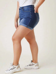 Blue summer denim shorts with zipper fly closure