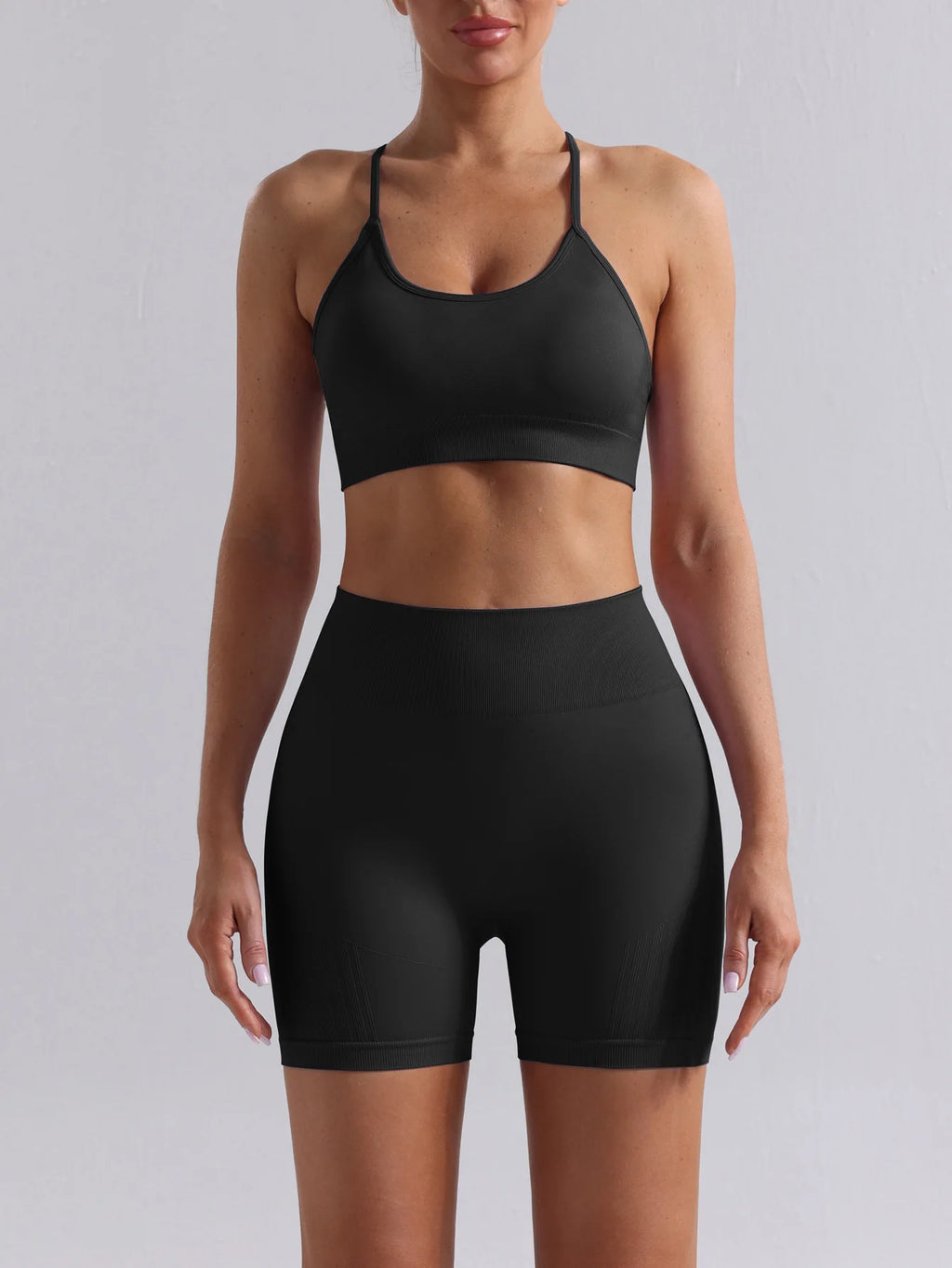 Women Seamless Breathable Yoga Wear Two-Piece Set Solid Shoulder Strap Sports Bra High-Waisted Shorts Set