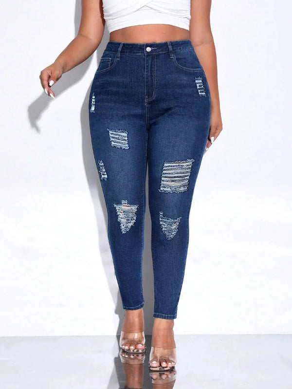 Skinny Pants Jeans — Distressed Mid-Rise Stretch Denim