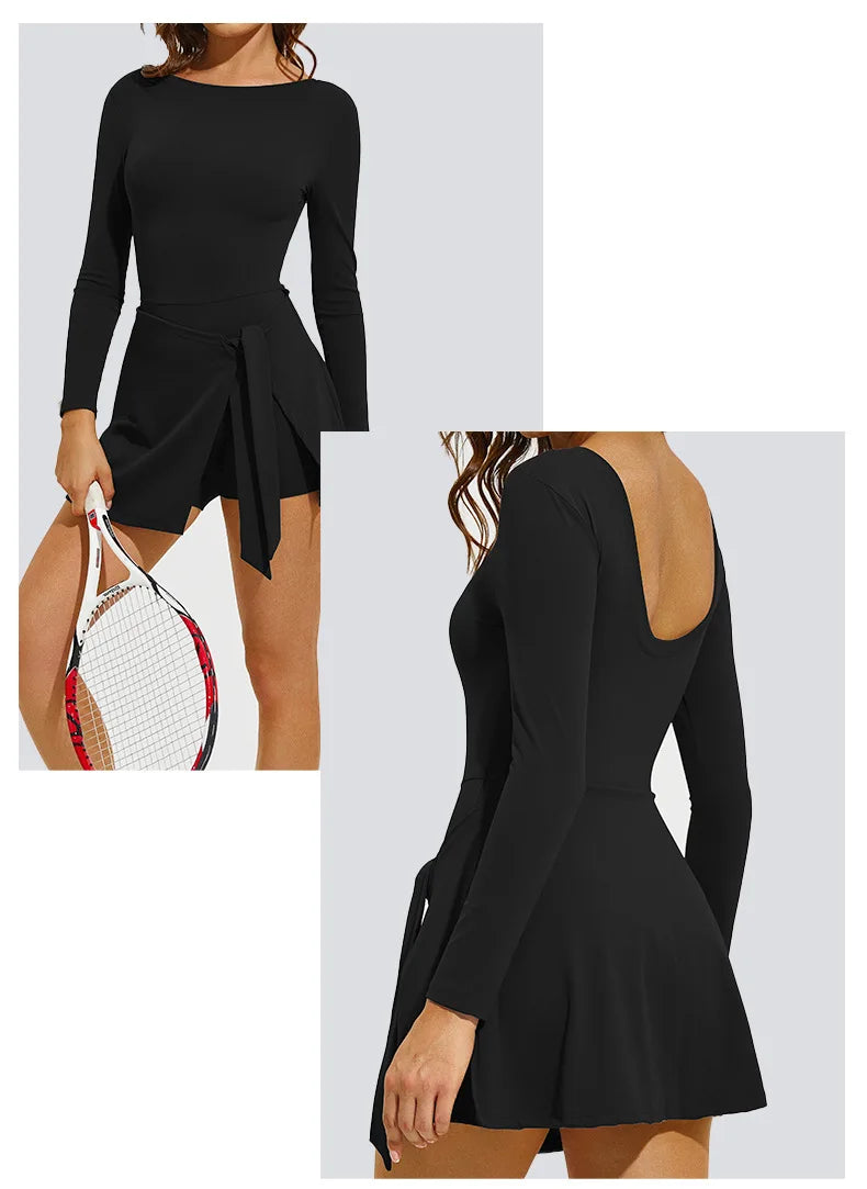 Women's Long Sleeve Slim-Fit One-Piece Tennis Golf Skirt Breathable Anti-Exposure Yoga Fitness Sports Skorts