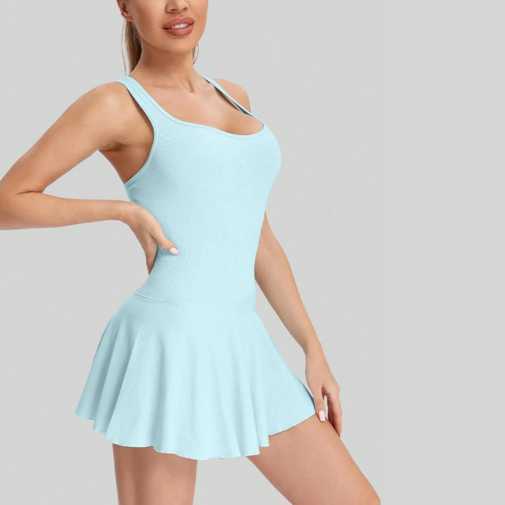 Women's Breathable Seamless Tennis Dress With Built-In Shorts Anti-Chafing Anti-Exposure One Piece Tennis Wear