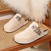 Beige embroidered round-toe slip-on mules