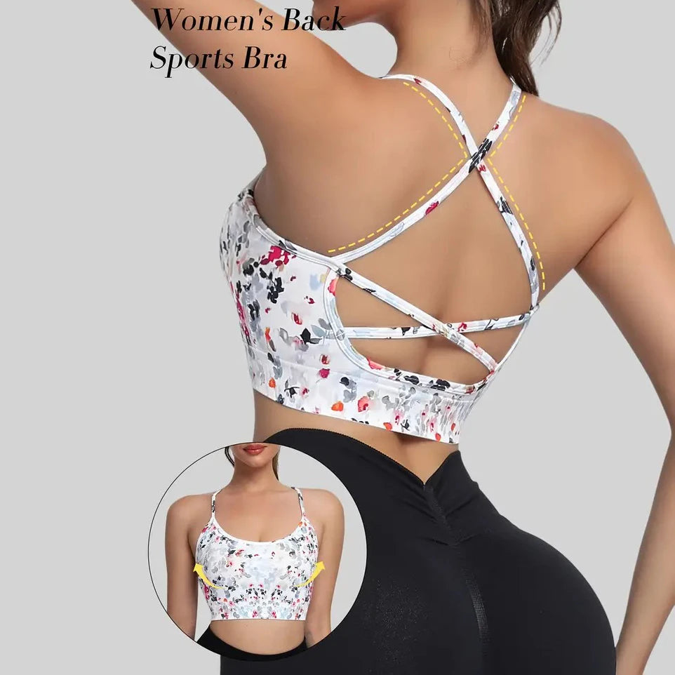 Women's floral cross-back sports bra with medium support
