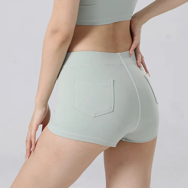 Women's Butt-Lifting High Elastic Sport Shorts with Pockets Solid Color Slimming Fitness Yoga Shorts