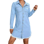 Women's denim midi shirt dress with full sleeves and loose easy fit