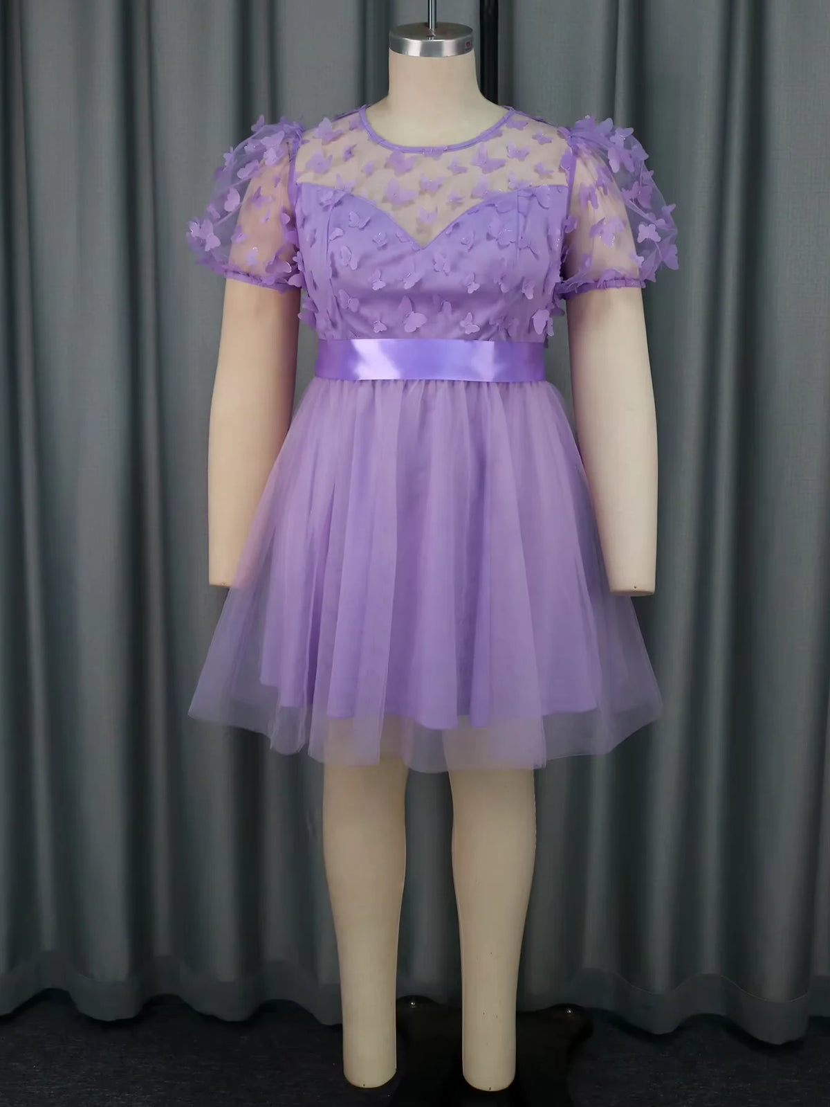 Lavender 3D butterfly puff sleeve tulle mini dress