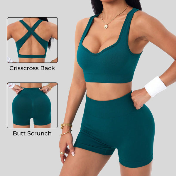 Women's Seamless Yoga Set — Cross-Strap Bra & High-Waist Shorts