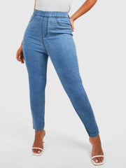 Blue stretch denim skinny jeans with classic zipper fly closure