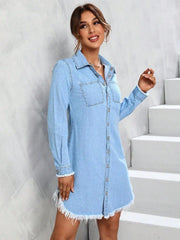 Stone-wash denim midi dress styled open as a lightweight jacket-dress