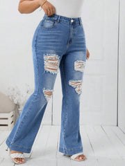 Washed light blue polyester cotton flare jeans, vintage look