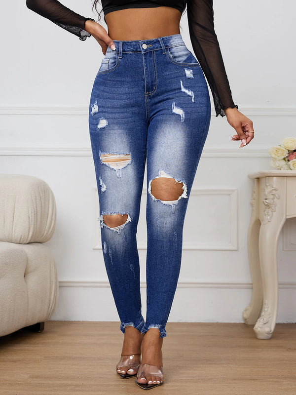 Dark Blue Ripped Stretch Skinny Jeans — China