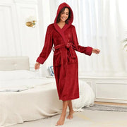 Women's long robe styled as a warm layering piece for cooler evenings