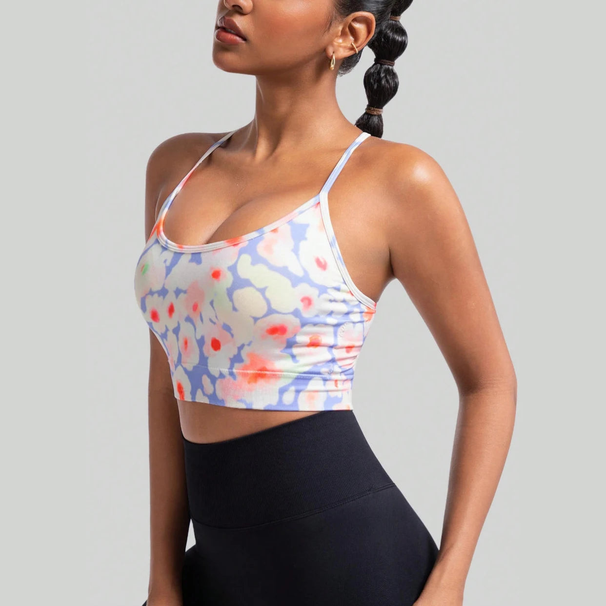 Women's Floral Print Crisscross Spaghetti Straps Sports Bra High Support Backless Breathable Yoga Tank Top for Fitness Running