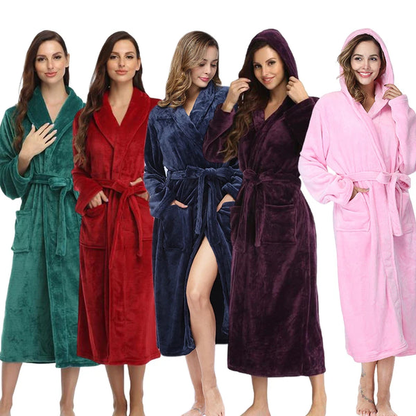 Oversized Hooded Robe for Women — Plush Flannel Fleece Winter Bathrobe