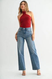 Full-length light wash denim wide leg jeans with regular fit