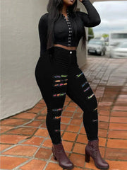 Full-length skinny jeans with zipper fly closure