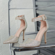 Gold rhinestone pointed-toe stiletto heels for party looks