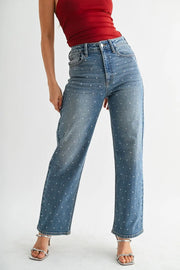 Wide leg rhinestone polka dot jeans with flattering high rise