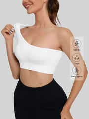 One-shoulder yoga tank top in quick-dry spandex-nylon blend