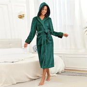 Cozy loungewear robe with soft hood and full coverage
