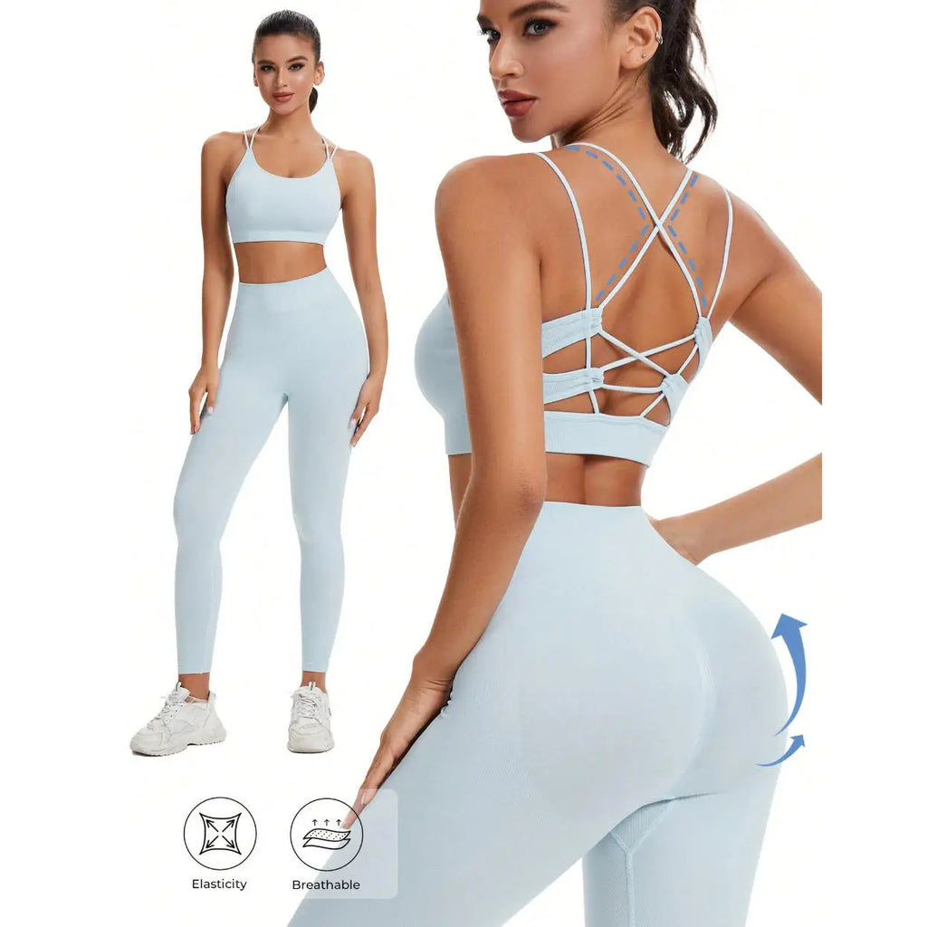 Women's Seamless Breathable Yoga 2 Piece Sets High Support Crisscross Straps Backless Sports Bra Butt Lifting Pants