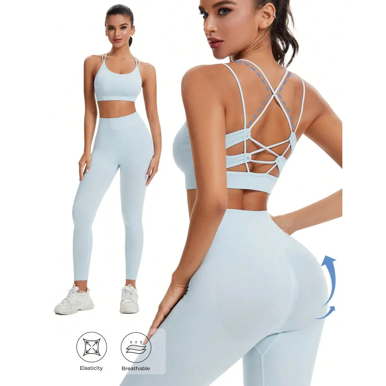 Women's Seamless Breathable Yoga 2 Piece Sets High Support Crisscross Straps Backless Sports Bra Butt Lifting Pants