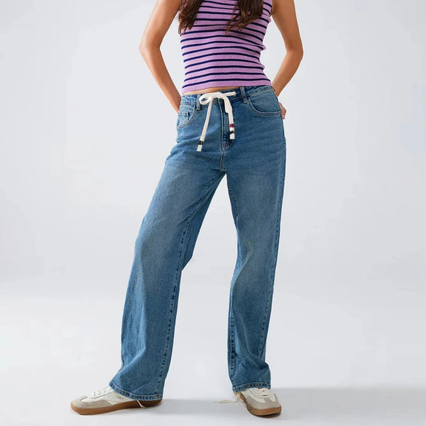 Indigo Tie-Up High-Waist Womens Wide Leg Jeans
