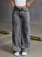 Wide-leg gray denim jeans, elongating high-rise silhouette