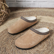 Beige velvet home slippers with closed-toe bohemian plaid look