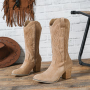Khaki embroidered knee-high Western cowboy boots