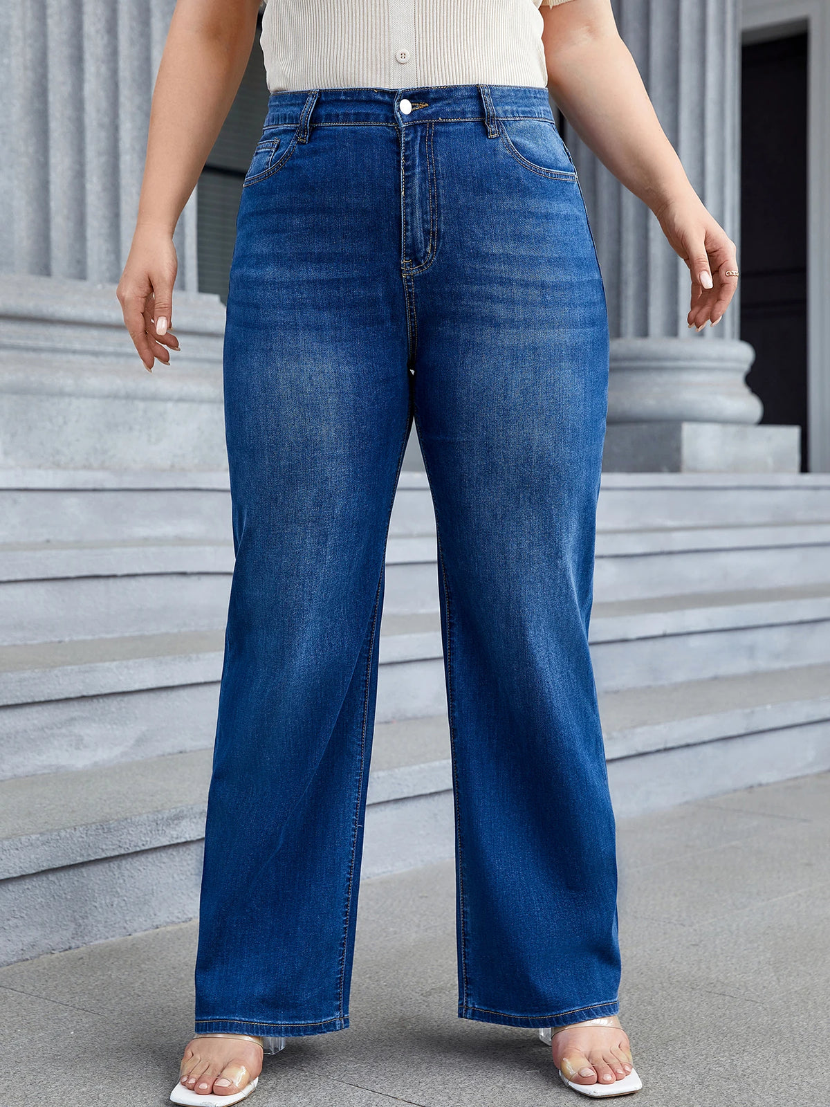 Blue high waist wide leg plus size stretch denim jeans