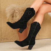 Knee-high Western boots showing retro embroidery detail