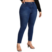 Mid-rise dark wash skinny jeans styled for casual everyday wear