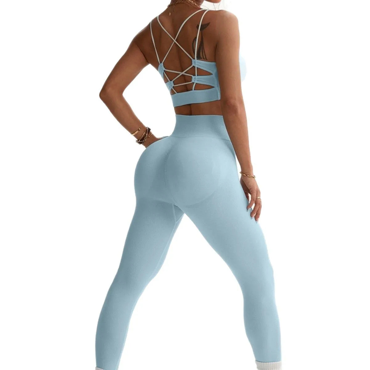 Women's Seamless Breathable Yoga 2 Piece Sets High Support Crisscross Straps Backless Sports Bra Butt Lifting Pants
