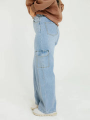 Light Blue Straight Leg Jeans showing clean solid medium wash
