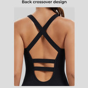 Cross-back workout bodysuit featuring high-waisted fit