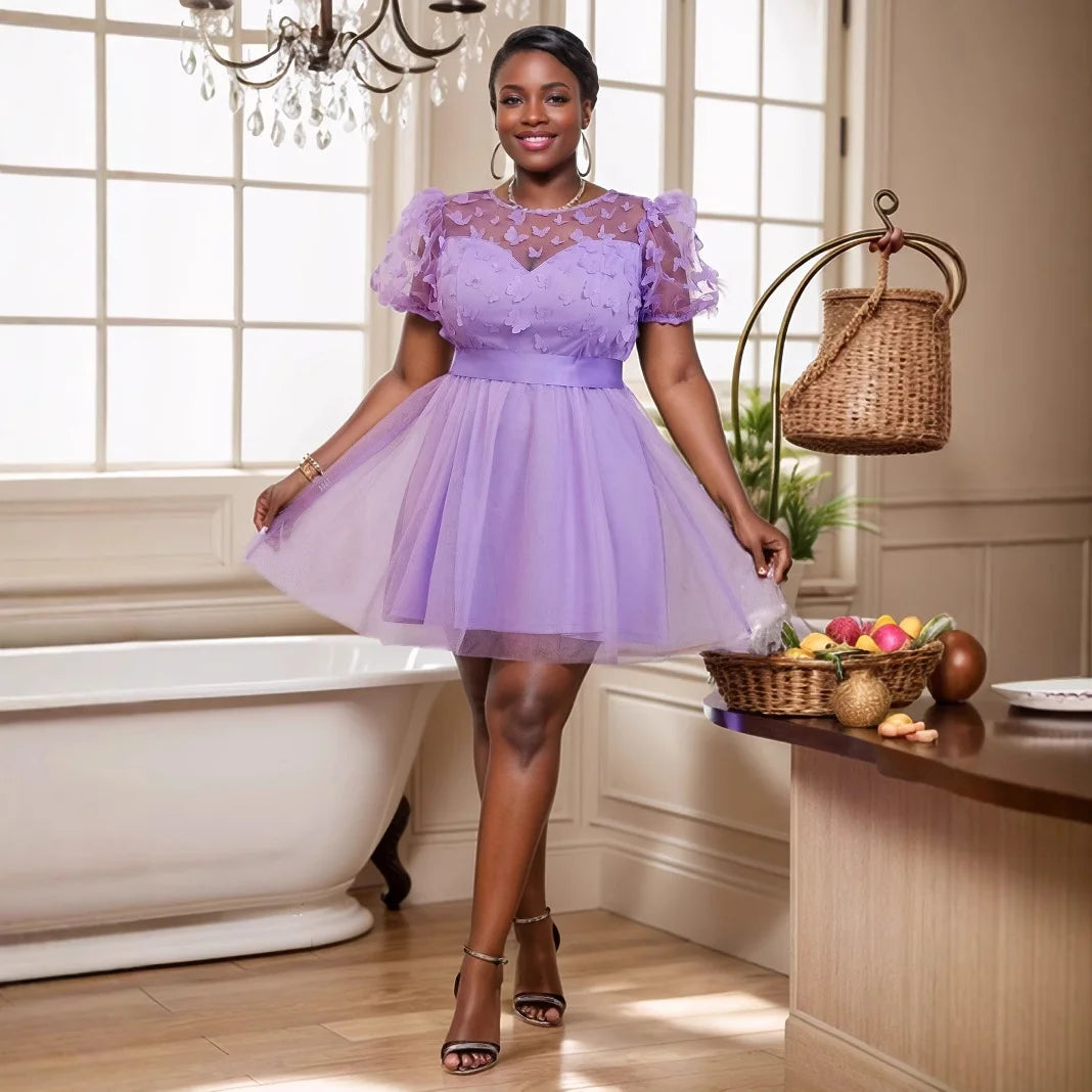 3D Butterfly Puff Sleeve Tulle A-Line Mini Dress in purple with empire waist
